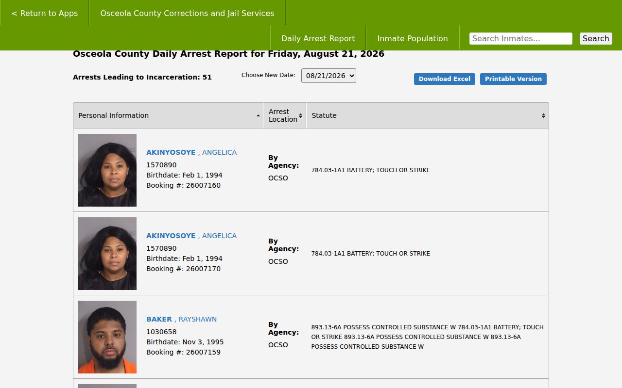 Osceola County neighbors and official daily custody report