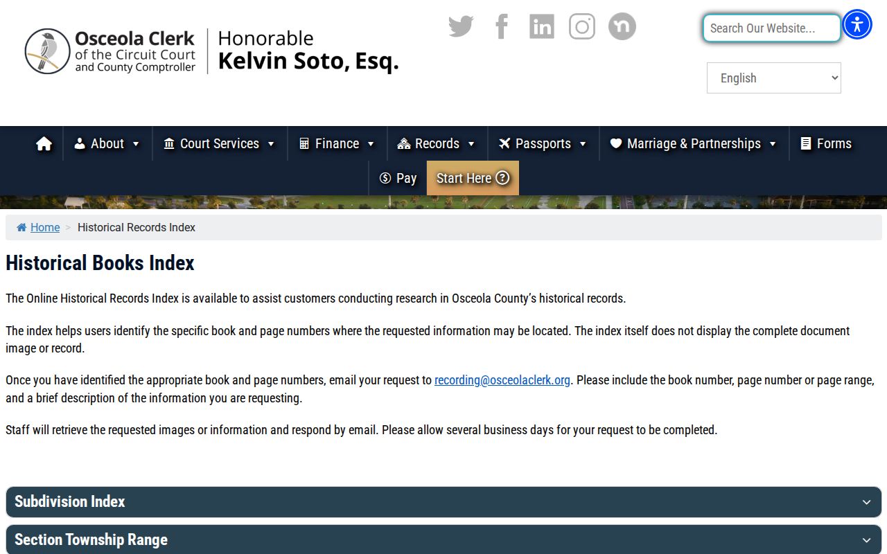 Osceola County previous residents historical book and page index
