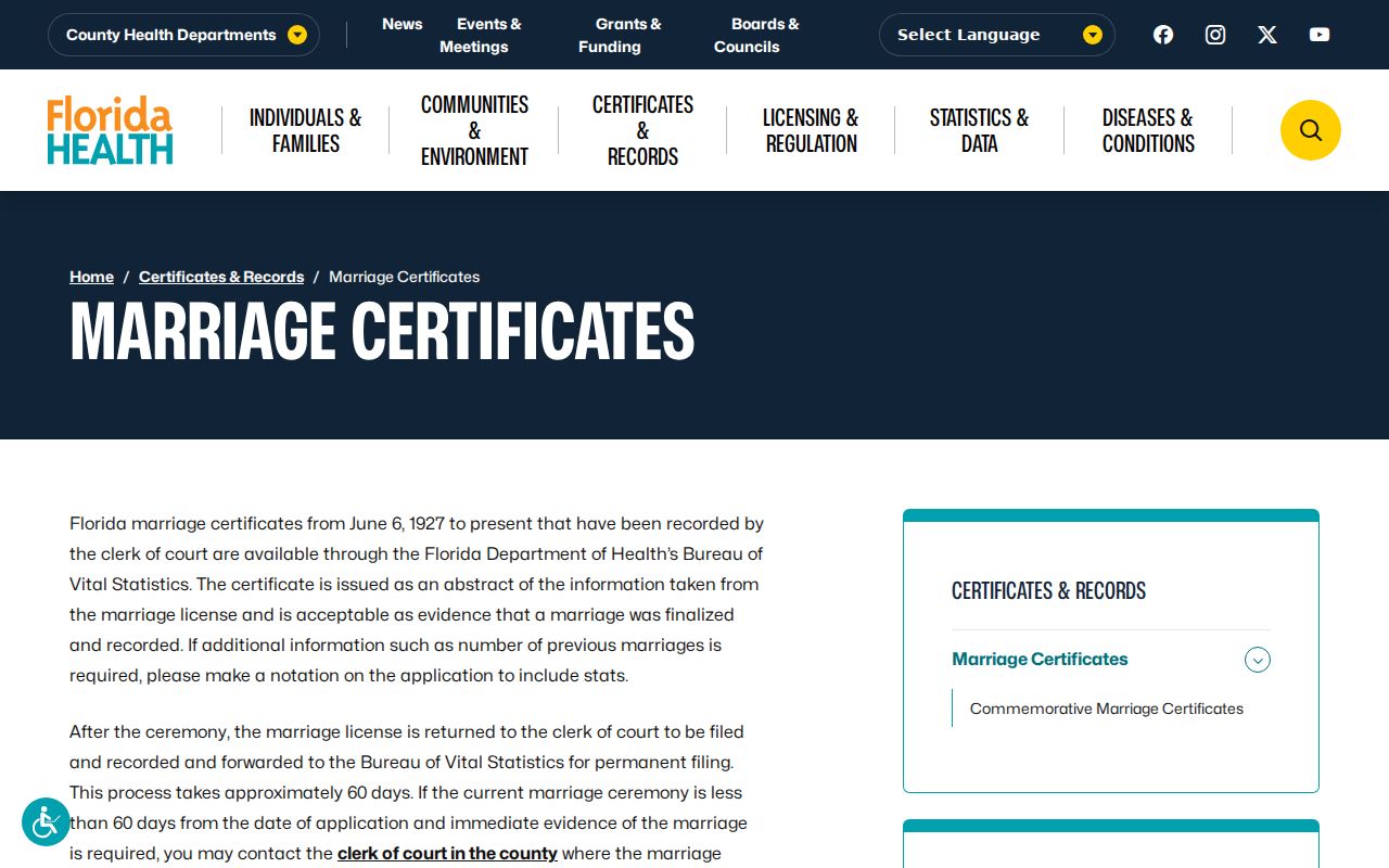 Osceola County previous residents Florida marriage certificate route