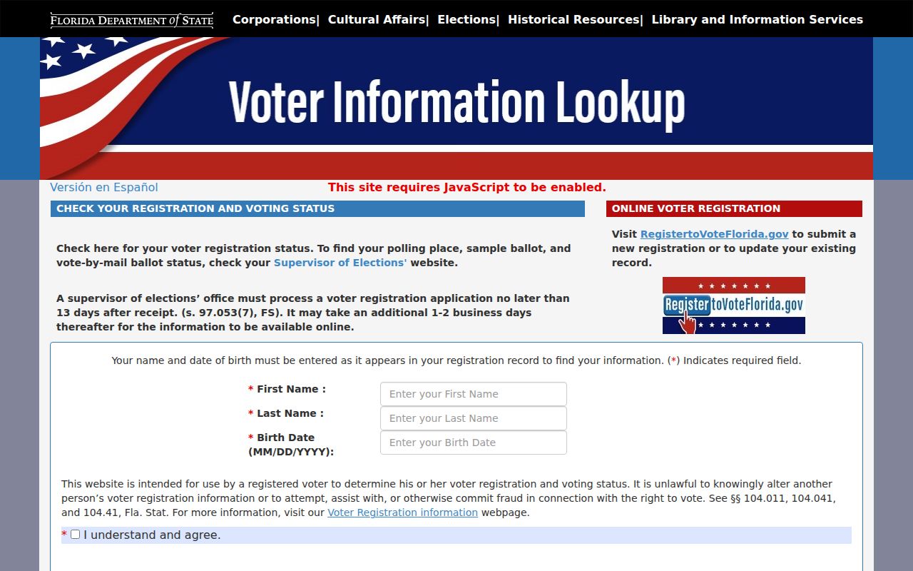Florida voter status lookup used after an Osceola County ZIP is verified