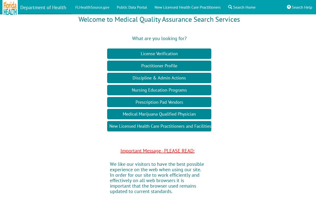 Florida MQA health practitioner license search for Osceola County location checks