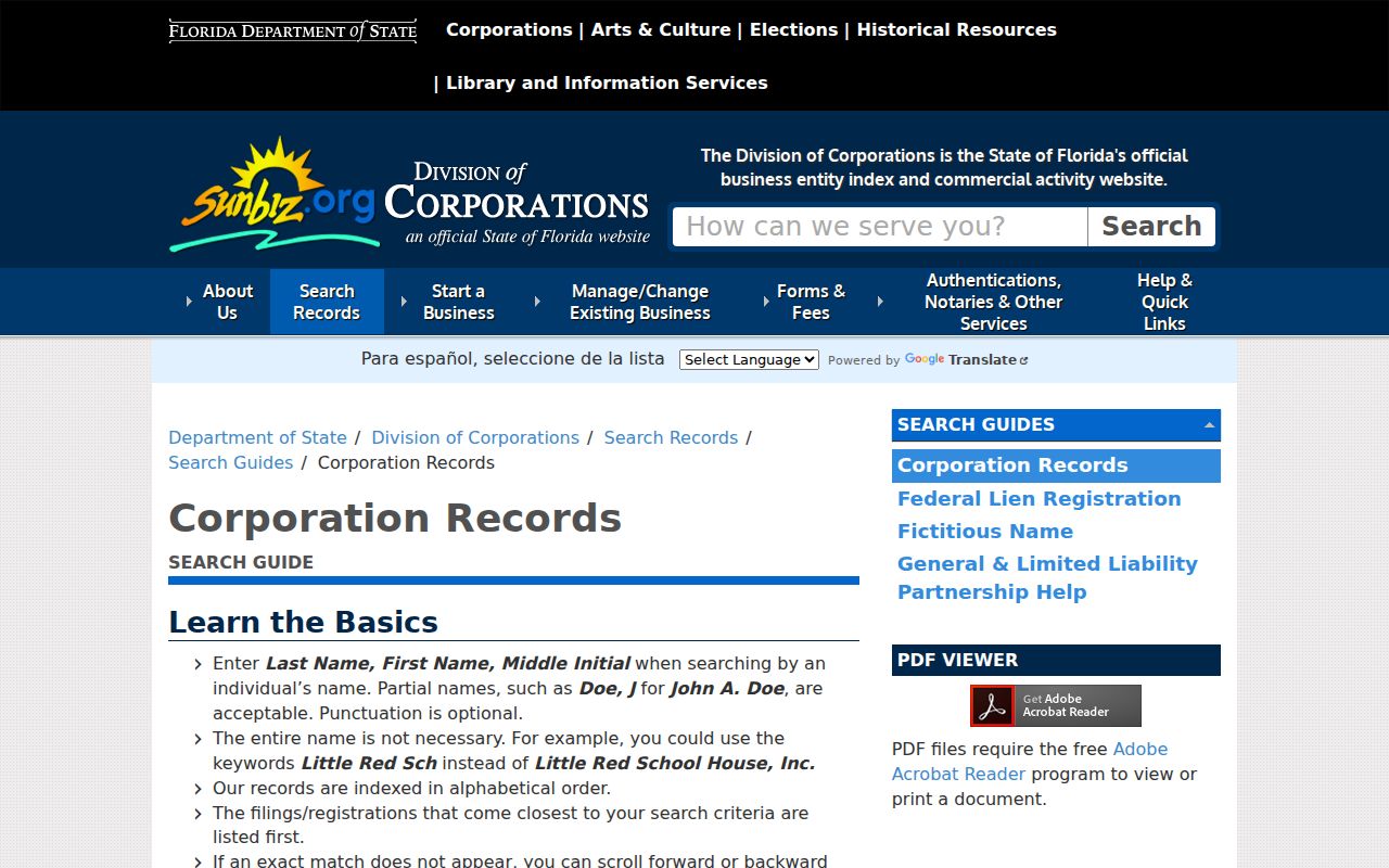Sunbiz guide showing ZIP and street search options for Florida corporations