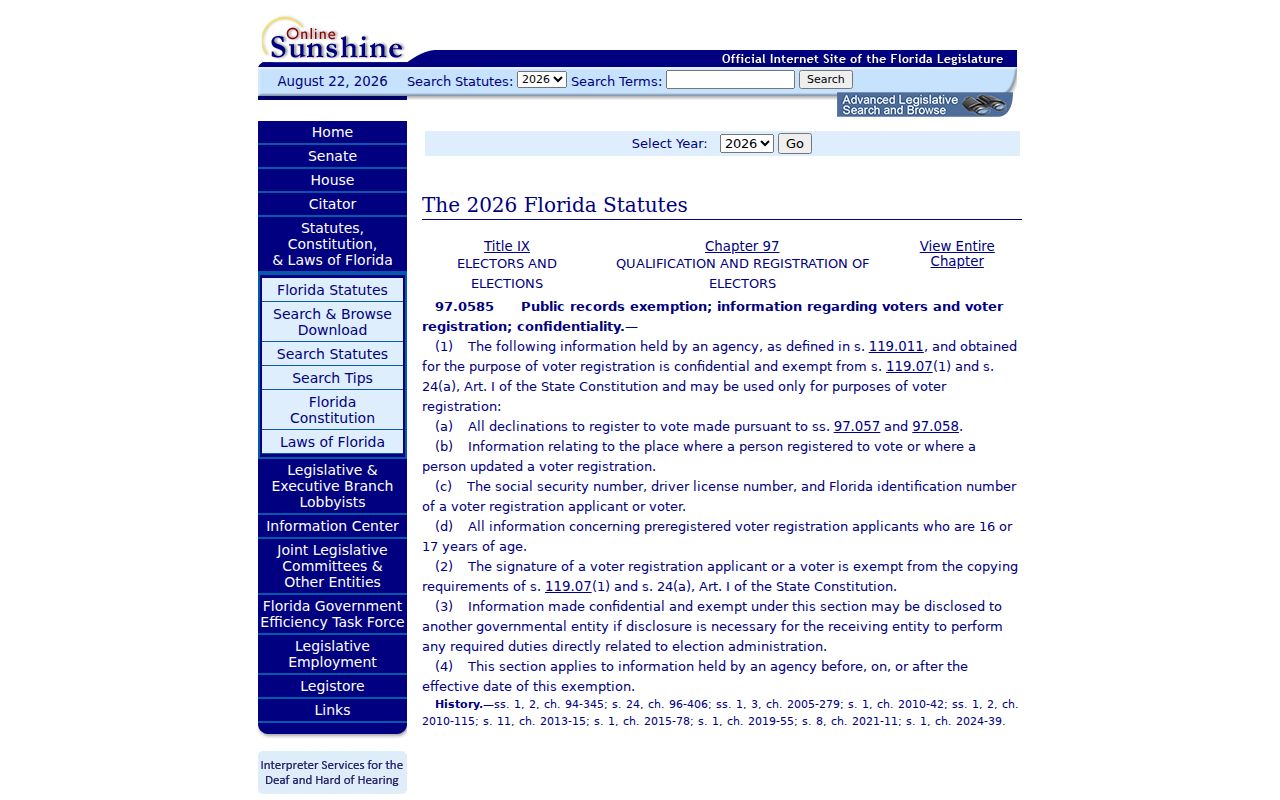 Florida statute protecting specified voter registration information